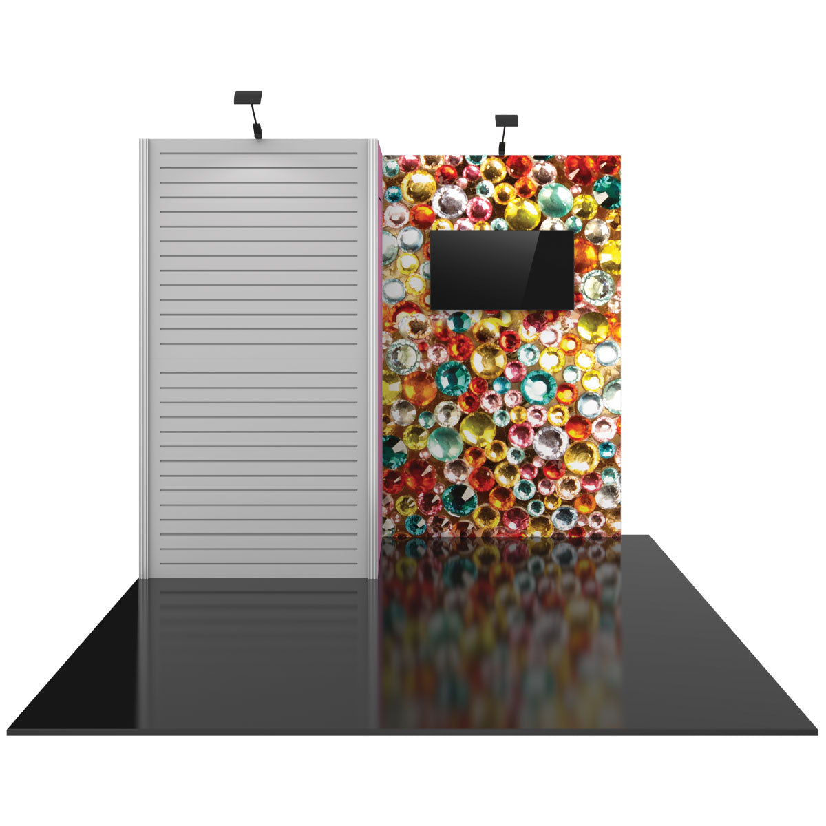 Modular trade show booth with slatwall display and graphic panel featuring embedded screen for exhibitions