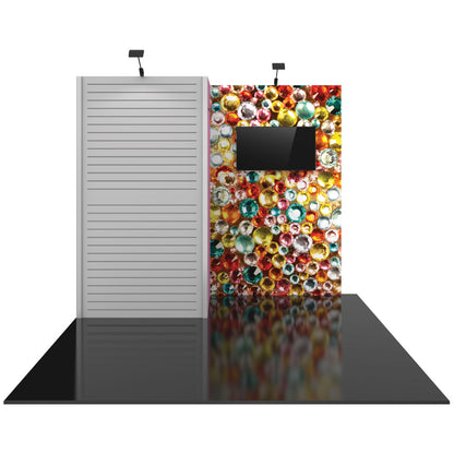 Modular trade show booth with slatwall display and graphic panel featuring embedded screen for exhibitions