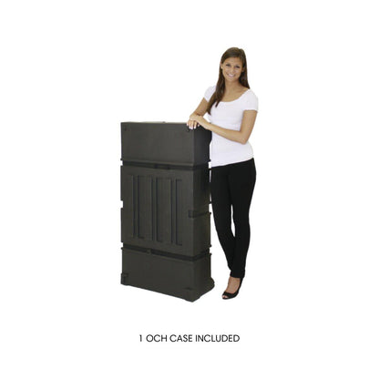 Woman standing next to a large sturdy OCH case for trade shows and event equipment storage