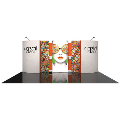 Trade show display with branded curved panels and central graphic of person wearing decorated sunglasses