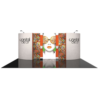 Trade show display with branded curved panels and central graphic of person wearing decorated sunglasses