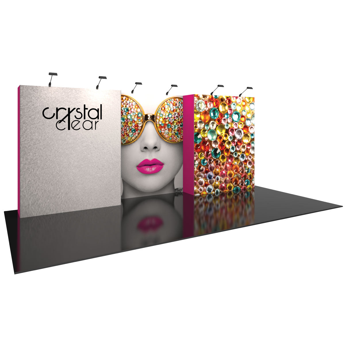 Three-panel trade show display featuring brand logo, decorative gems, and stylized face with sunglasses