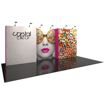 Three-panel trade show display featuring brand logo, decorative gems, and stylized face with sunglasses