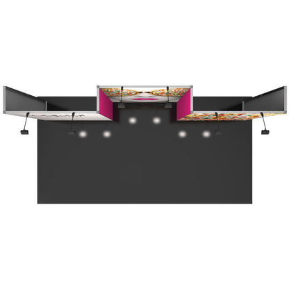 Top view of modular trade show display with graphic panels, overhead lighting, and partition walls for exhibitions