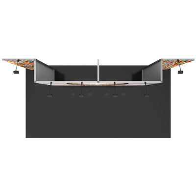 Overhead view of modular trade show booth with partition walls and mounted spotlight fixtures for exhibitions