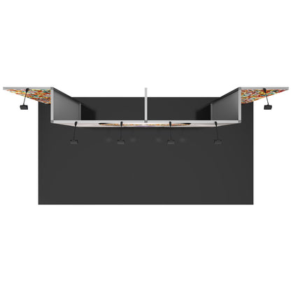 Overhead view of modular trade show booth with partition walls and mounted spotlight fixtures for exhibitions