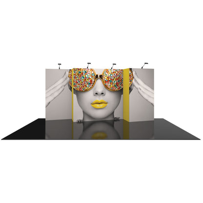 Modular trade show display with large graphic of woman wearing embellished sunglasses and vibrant lips