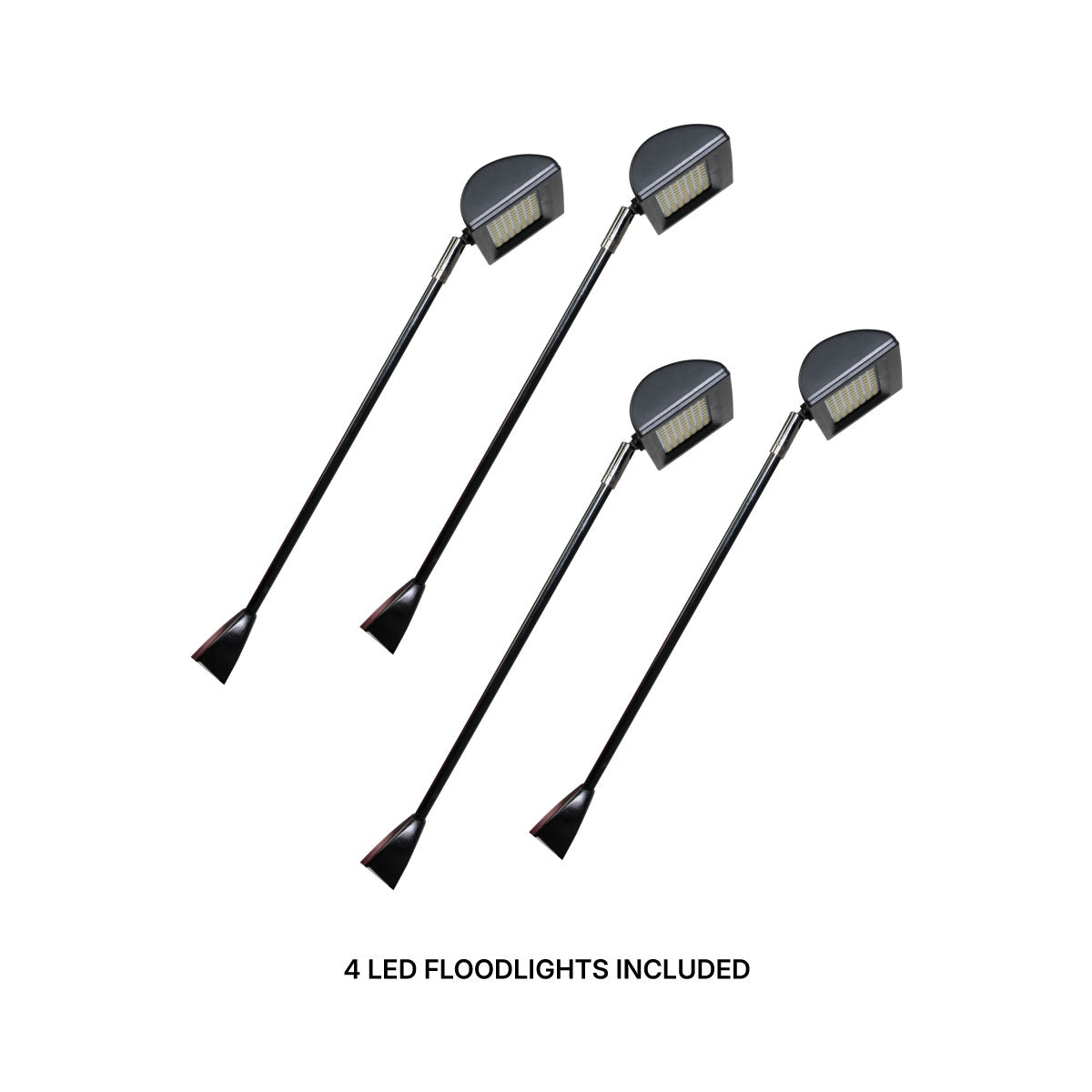 Set of four LED floodlights with adjustable arms for trade show and exhibition lighting
