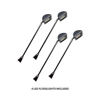 Set of four LED floodlights with adjustable arms for trade show and exhibition lighting