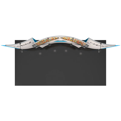 Curved trade show display booth with large graphic panels and overhead lighting for exhibitions