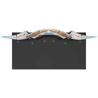 Curved trade show display booth with large graphic panels and overhead lighting for exhibitions