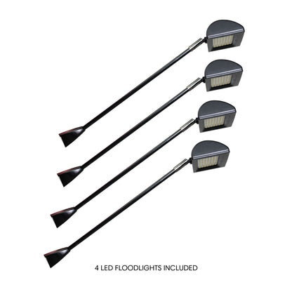 Set of four LED floodlights with adjustable arms for trade show and exhibition lighting