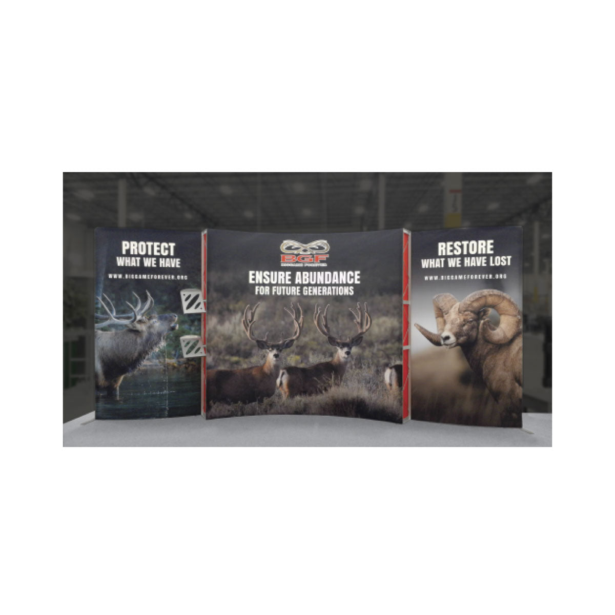 Trade show display panels featuring wildlife images and conservation messages for exhibitions and special events