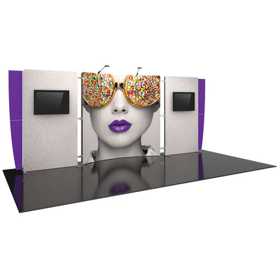 Trade show display with large graphic panel featuring a face wearing decorated glasses and two side panels with monitors