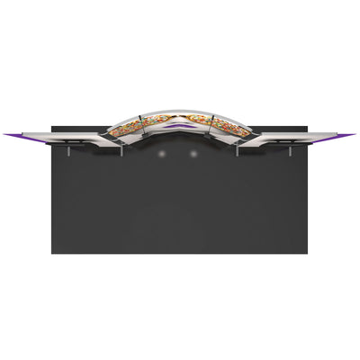 Curved trade show display booth with graphic panels and side counters for exhibitions and events