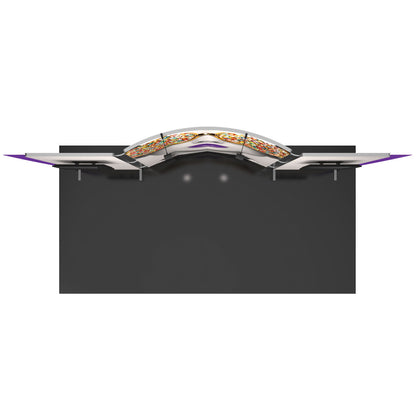 Curved trade show display booth with graphic panels and side counters for exhibitions and events