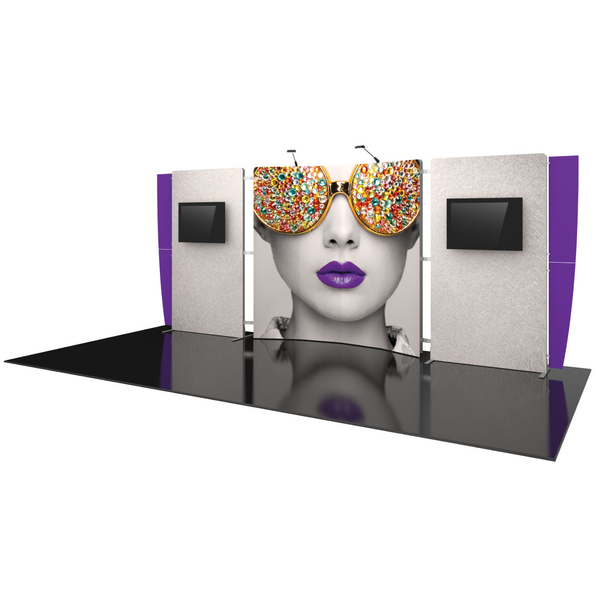 trade show display with large graphic of woman wearing embellished sunglasses and two mounted monitors