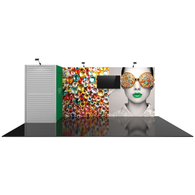 Trade show display booth with large graphic panels, integrated monitor, and spotlight lighting