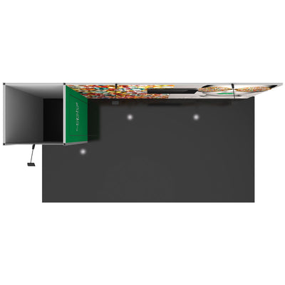 Overhead view of modular trade show booth with graphic walls and overhead lighting for exhibitions