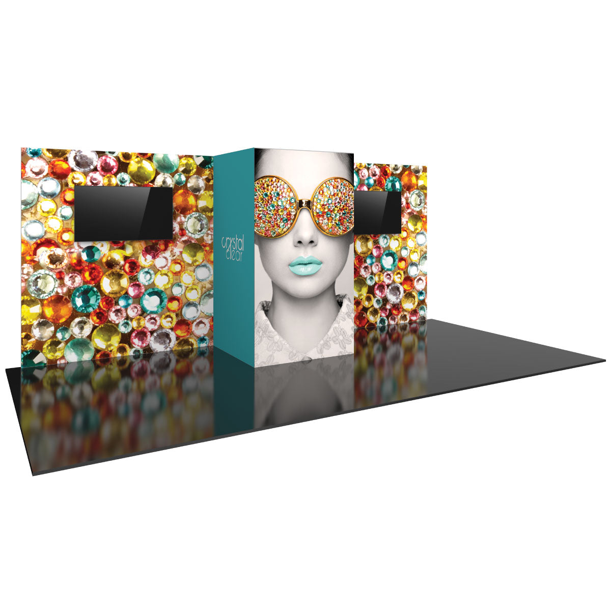 Trade show display booth with large graphic panels and embedded screens for exhibitions and events