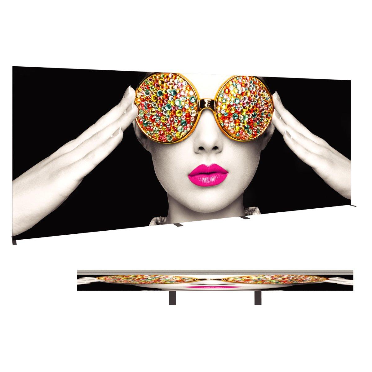 Large fabric lightbox display featuring a stylized face with embellished sunglasses and bold lips for trade shows and exhibitions