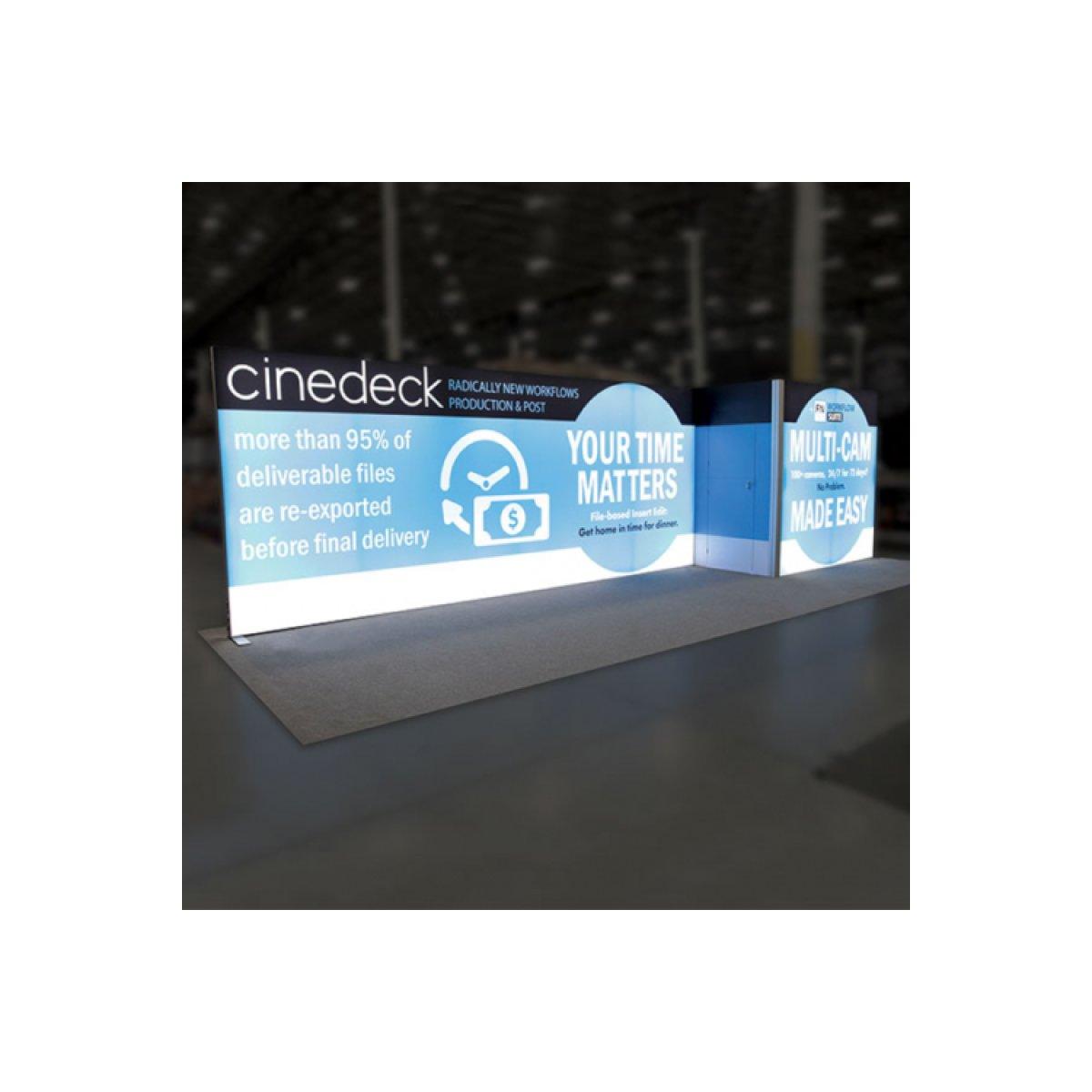 Illuminated trade show display booth featuring Cinedeck branding and messaging for exhibitions and special events