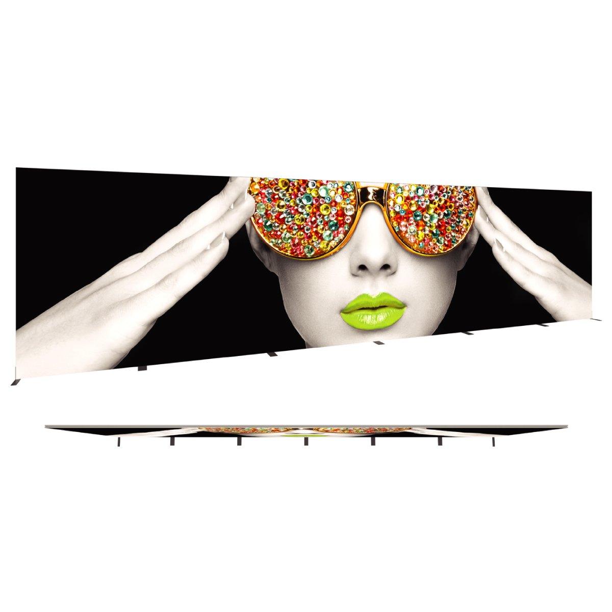 Large trade show fabric display featuring a striking close-up of a face with embellished sunglasses and vibrant lips