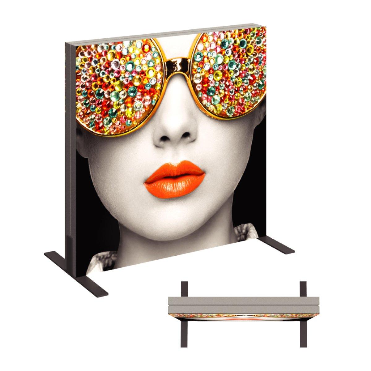 Backlit trade show display featuring a woman's face with embellished sunglasses and vibrant lips for exhibitions