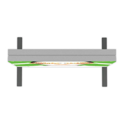Overhead trade show frame display with graphic panel and support legs for exhibitions and events