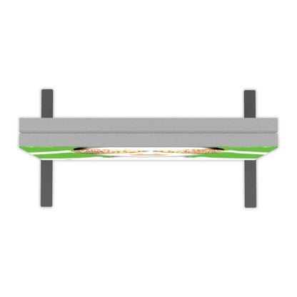 Overhead trade show frame display with graphic panel and support legs for exhibitions and events