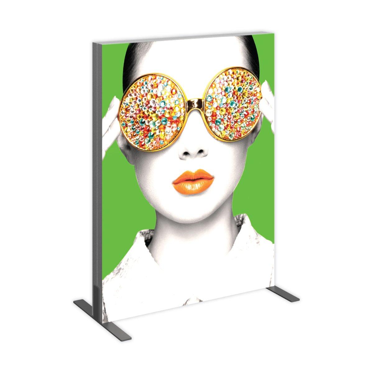 Lightbox display panel featuring graphic art of a woman with beaded sunglasses for trade shows and exhibitions