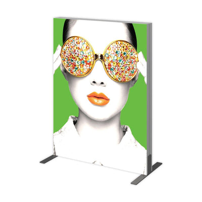 Freestanding graphic panel featuring a stylized woman with decorative oversized glasses for trade shows and events