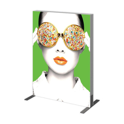 Freestanding graphic panel featuring a stylized woman with decorative oversized glasses for trade shows and events