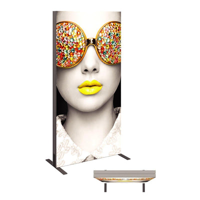 Portable trade show lightbox featuring artistic face with decorative glasses and bold lips for exhibitions