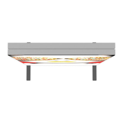 Overhead view of lightbox display featuring pizza graphics for trade shows and exhibitions