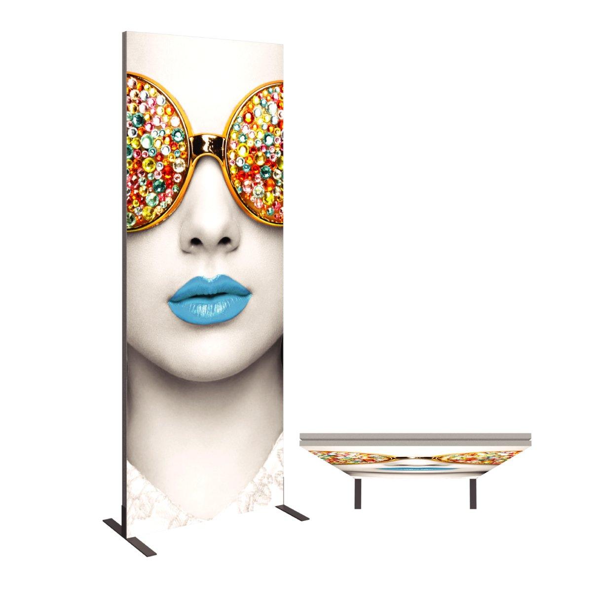 Tall and short trade show display panels featuring a close-up artistic image of a face with jeweled sunglasses and colored lips