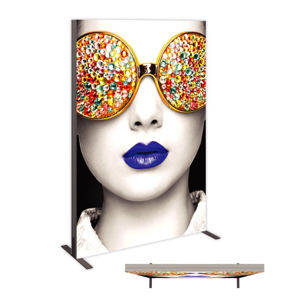 Large trade show fabric display featuring artistic close-up of face with decorated sunglasses and bold lips