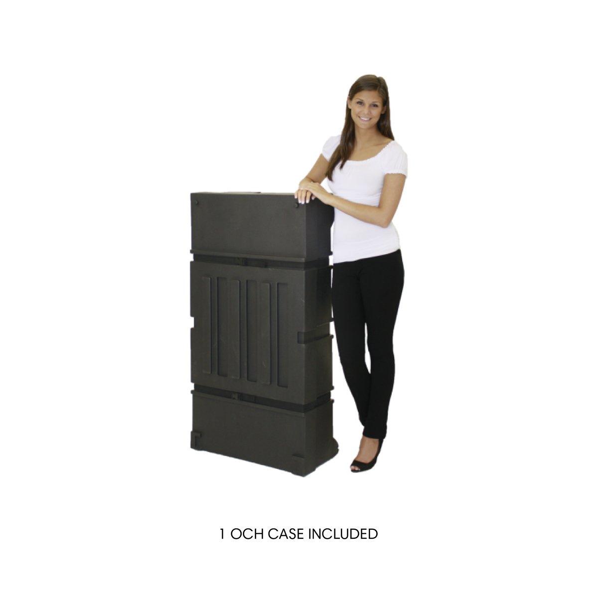 Portable shipping and storage case for trade shows and exhibitions shown with a woman for size reference