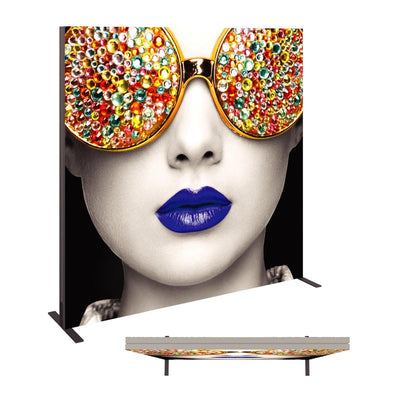Trade show display featuring large-scale graphic of a woman wearing gem-covered sunglasses and bold lipstick for exhibitions