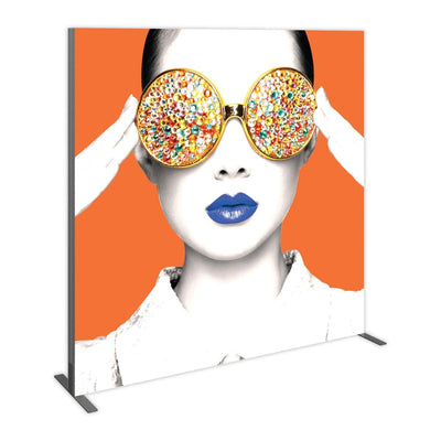 Large fabric display featuring stylized portrait with decorative glasses, ideal for trade shows and events