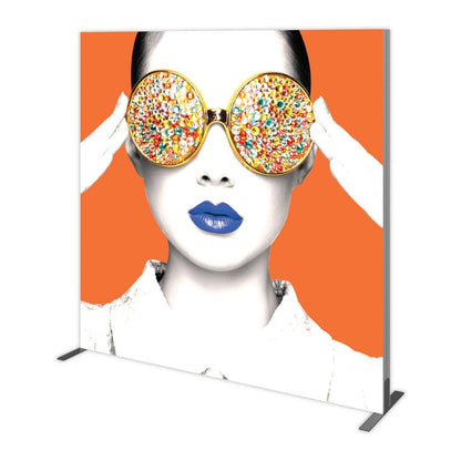 Large graphic display panel featuring artistic image of a woman with oversized jeweled sunglasses for trade shows and events
