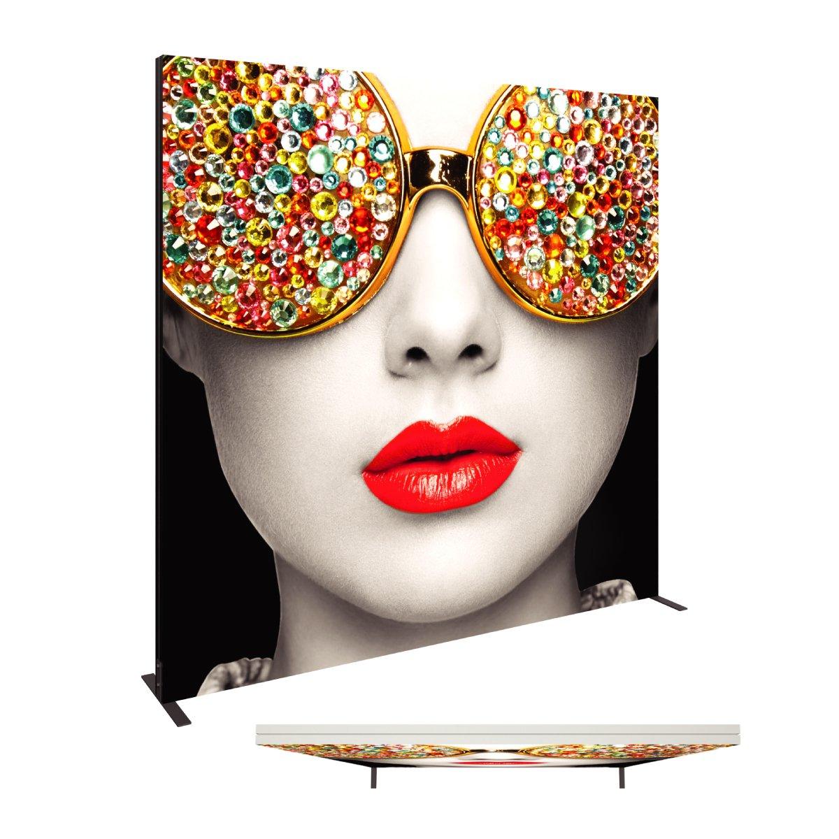 Large trade show fabric display featuring a close-up artistic portrait with jeweled sunglasses and red lips