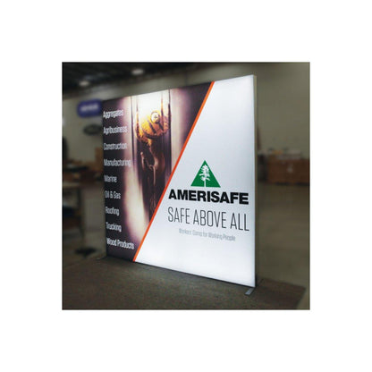 Illuminated trade show lightbox display featuring Amerisafe safety and workers' compensation branding for exhibitions