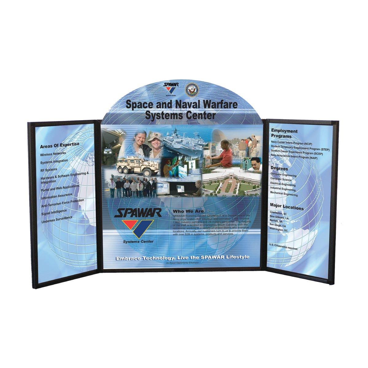 Trade show folding panel display for Space and Naval Warfare Systems Center showcasing expertise, programs, and locations