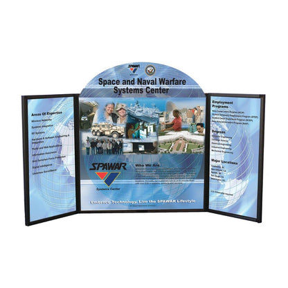 Trade show folding panel display for Space and Naval Warfare Systems Center showcasing expertise, programs, and locations