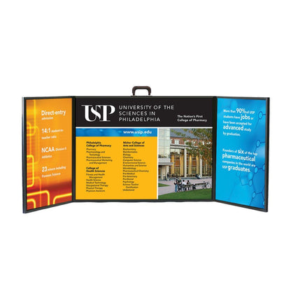 Portable folding display panel showcasing University of the Sciences in Philadelphia for trade shows and exhibitions