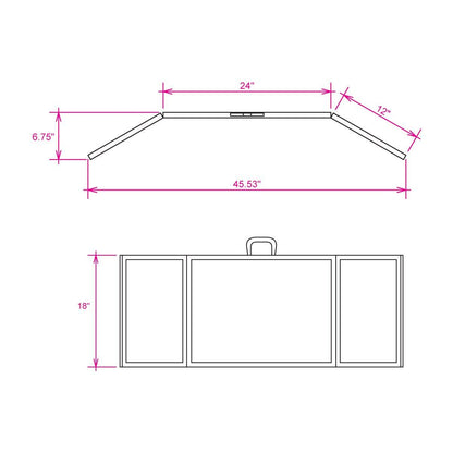 Technical line drawing of a folding panel display with measurements for trade shows and exhibitions