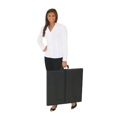 Woman holding compact folding panel display for trade shows and exhibitions