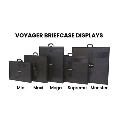 Voyager folding panel briefcase displays in five sizes for trade shows and exhibitions
