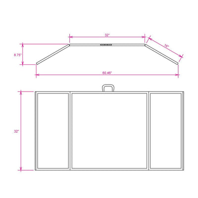 Folding panel display with three sections and measurements for trade shows and exhibitions